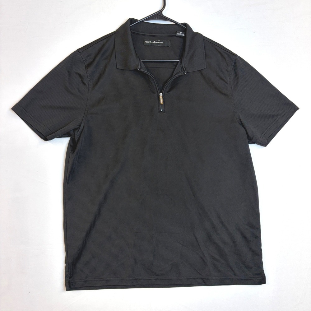 Perry Ellis Portfolio Mens XL Black Quarter Zip Polo Shirt Short Sleeve Textured